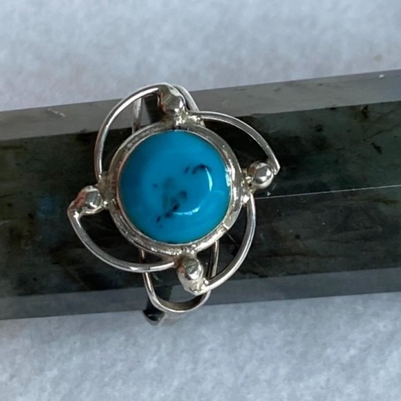 Sterling Silver 925 Faux Turquoise Modern Ring Floral Pinwheel Size 7 Openwork - Picture 10 of 10